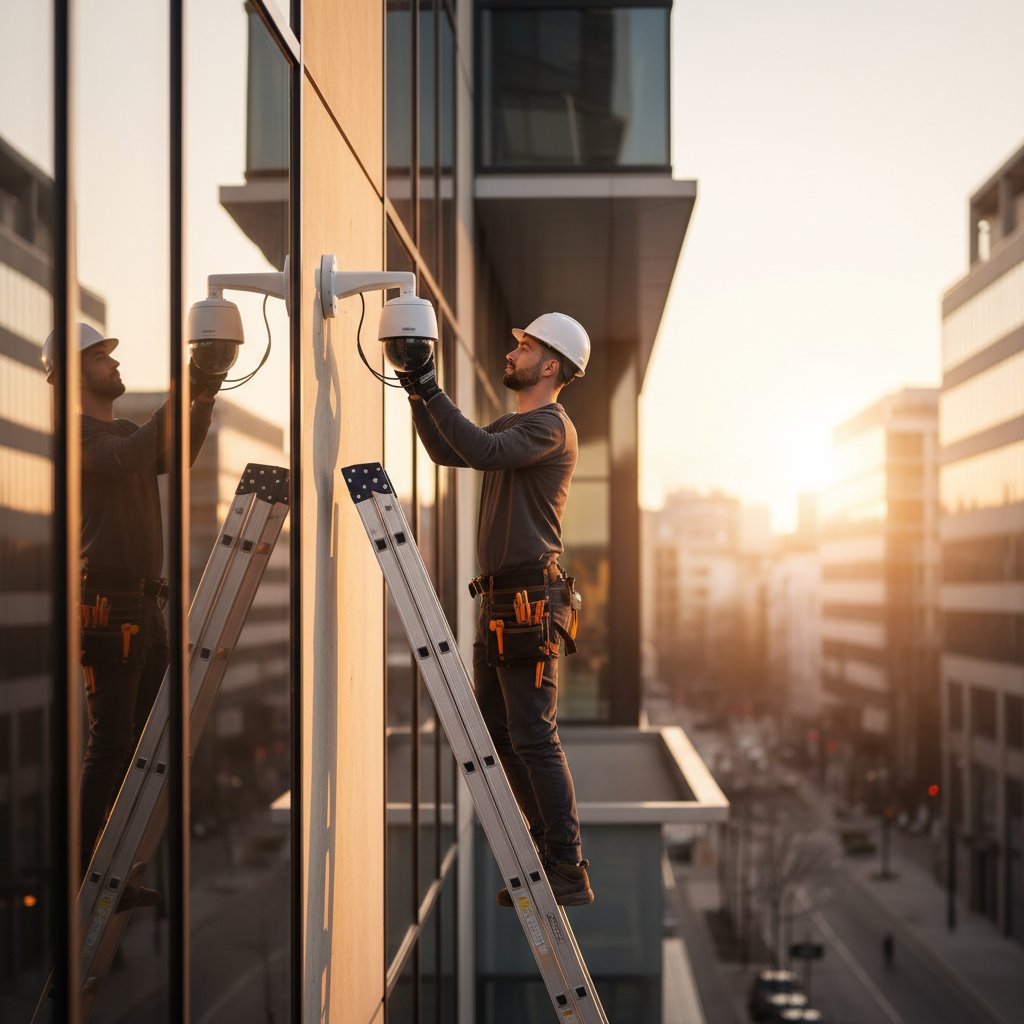 Professional CCTV camera installation on building exterior in Berlin
